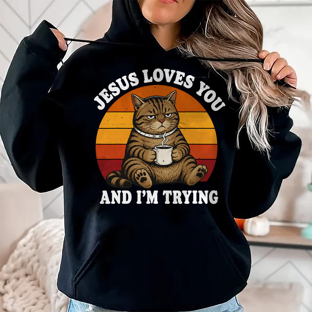 Cat Love Shirt, Funny Cat Lover Gift UnisexT-Shirt/Hoodie/Sweatshirt HLT00 - Jesus Loves You and I_m Trying Funny Coffee Cat T-Shirt (1)