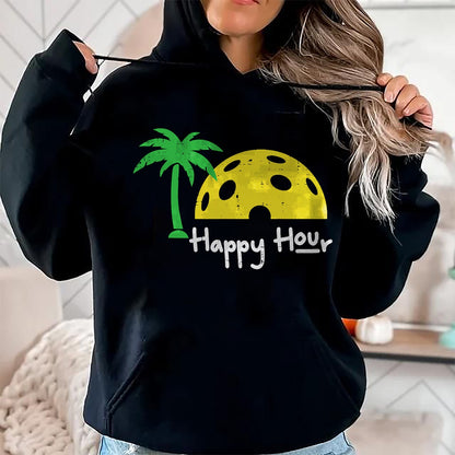 Funny Pickleball Shirt, Pickleball Lover Unisex T-Shirt/Hoodie/Sweatshirt HLT00 - Pickle Ball Happy Hour Palm Tree Pickleball Men Women Kids T-Shirt