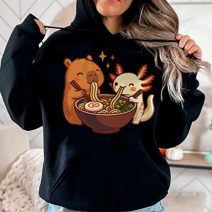 Cute Capybara Shirt, Funny Capybara Unisex T-Shirt/Hoodie/Sweatshirt HLT00 - Capybara with Axolotl Eats Noodles Ramen Kawaii T-Shirt, Men, Black, 3X-Large