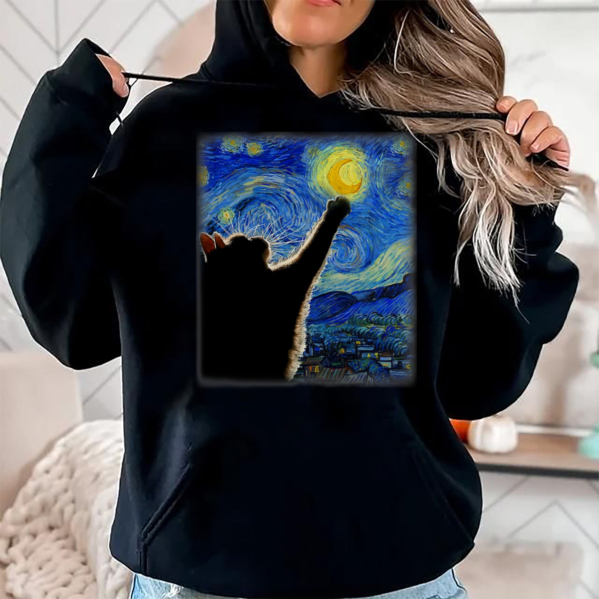 Best Thanksgiving Family Shirt , Funny Thanksgiving UnisexT-Shirt/Hoodie/Sweatshirt HLT00 - Starry Night Cat, Van Gogh Cat, Cat Lover, Cat Mom, Cat Dad T-Shirt, Black