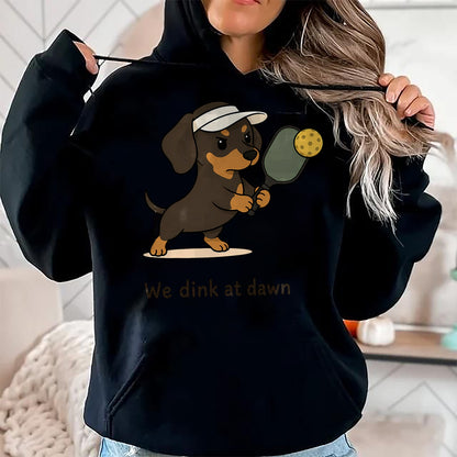 Funny Pickleball Shirt, Pickleball Lover Unisex T-Shirt/Hoodie/Sweatshirt HLT00 - Funny Pickleball Dachshund Pickleball Dog We Dink at Dawn T-Shirt