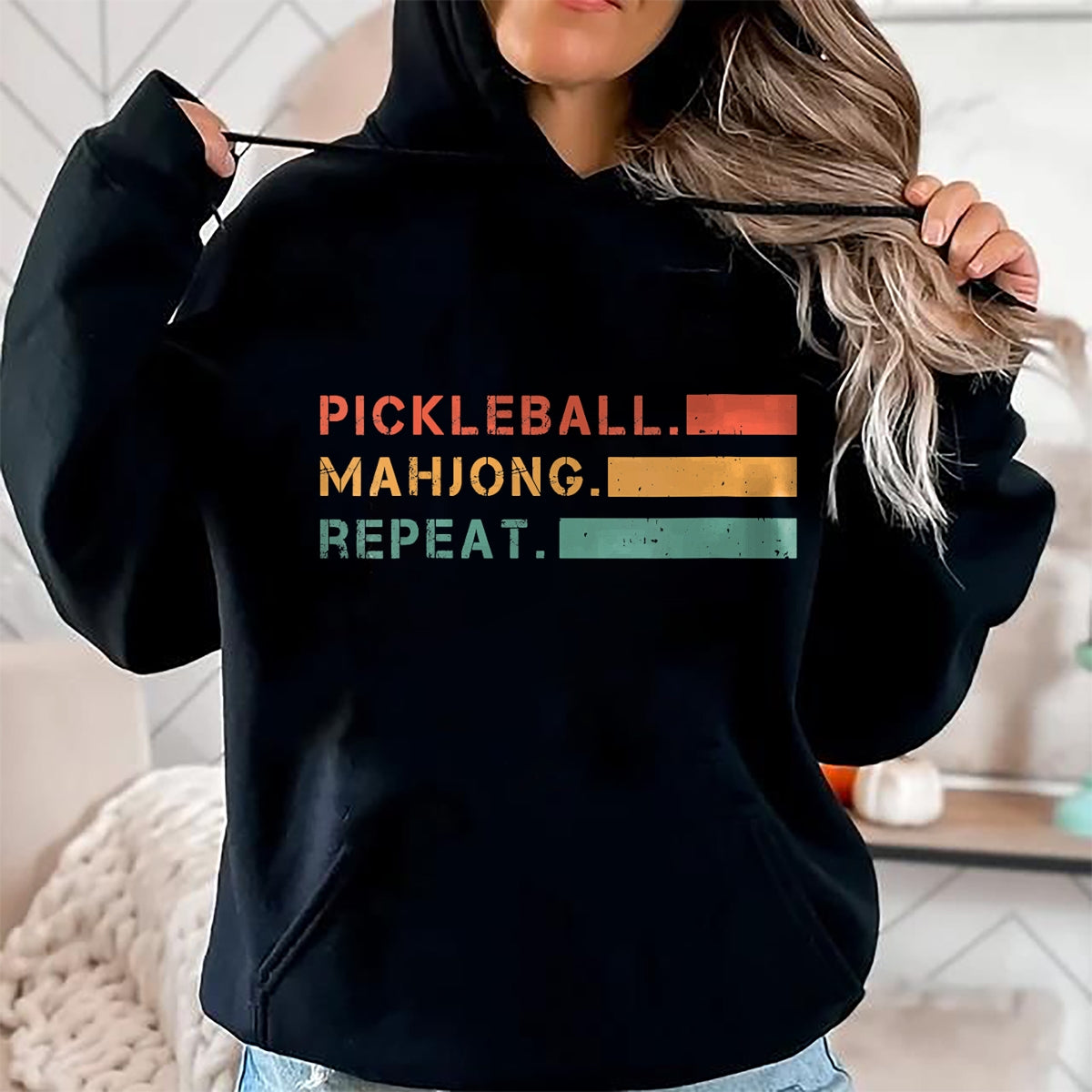 Funny Pickleball Shirt, Pickleball Lover Unisex T-Shirt/Hoodie/Sweatshirt HLT00 - Women's Pickleball Mahjong Repeat Sport Lover Gambling Chinese Game V-Neck T-Shirt