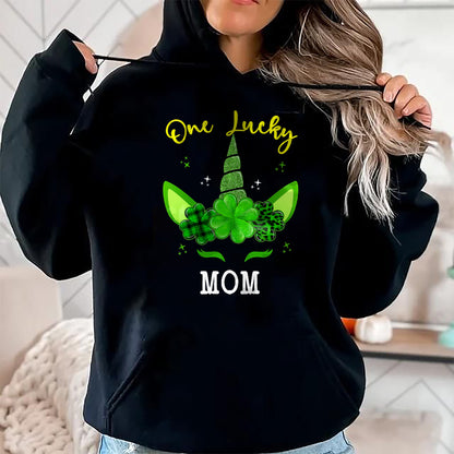 Gift for Mom Shirt, Funny Mom Unisex T-Shirt/Hoodie/Sweatshirt HLT00 - Leopard Shamrock Unicorn One Lucky Mom St Patricks Day T-Shirt