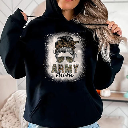 Gift for Mom Shirt, Funny Mom Unisex T-Shirt/Hoodie/Sweatshirt HLT00 - Proud Army Mom Women Leopard Camo Messy Bun Bleached T-Shirt