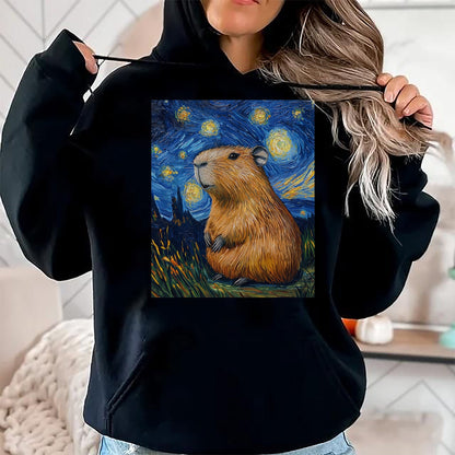Cute Capybara Shirt, Funny Capybara Unisex T-Shirt/Hoodie/Sweatshirt HLT00 - Capybara Van Gogh Style Starry Night Funny Graphic T-Shirt