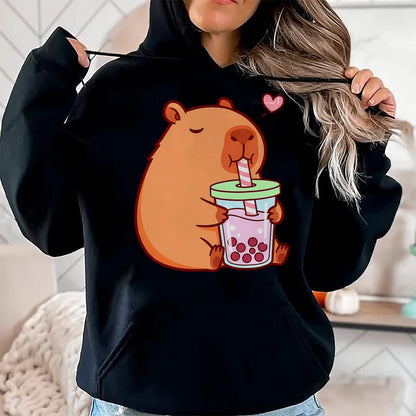 Cute Capybara Shirt, Funny Capybara Unisex T-Shirt/Hoodie/Sweatshirt HLT00 - Cute Capybara Kawaii Anime Girls Drinking Boba Tea Lover T-Shirt