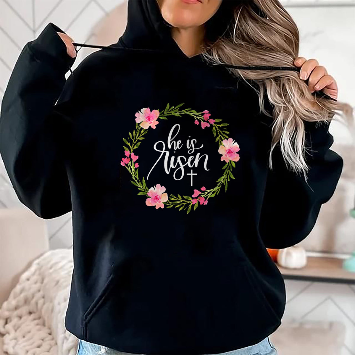 Christian Tee, Christian Faith Unisex T-Shirt/Hoodie/Sweatshirt HLT00 - He is Risen Jesus Christian Happy Easter Floral Wreath Shirt T-Shirt