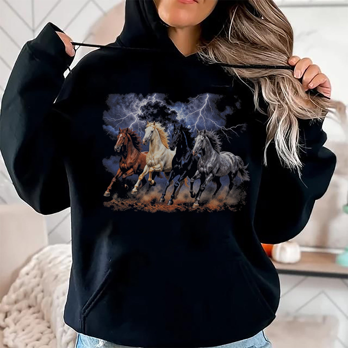 Best Horse Lover Shirt , Funny Horse UnisexT-Shirt/Hoodie/Sweatshirt HLT00 - Running Horses Vintage 90s Lightning Storm Western Cowboy T-Shirt