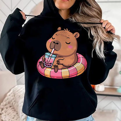 Cute Capybara Shirt, Funny Capybara Unisex T-Shirt/Hoodie/Sweatshirt HLT00 - Kawaii Capybara Bubble Tea Pool Float Teen Girls and Her Mom T-Shirt