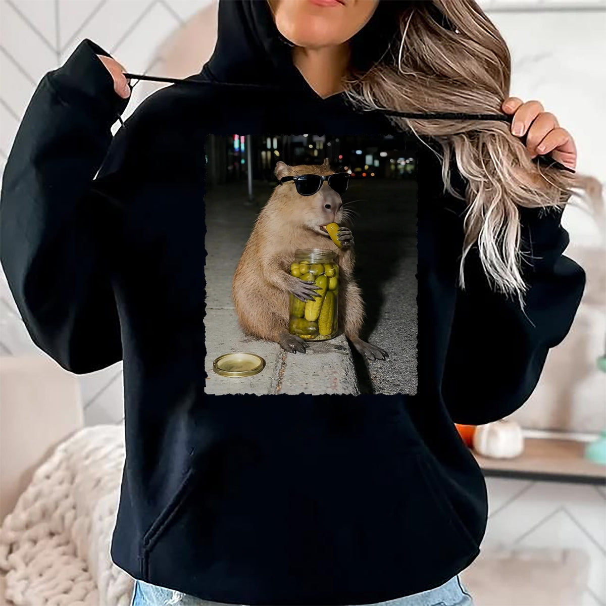 Cute Capybara Shirt, Funny Capybara Unisex T-Shirt/Hoodie/Sweatshirt HLT00 - Funny Capybara Eating Pickles Meme T-Shirt, Men, Black, 3X-Large
