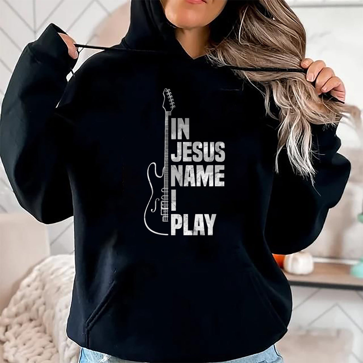 Christian Tee, Christian Faith Unisex T-Shirt/Hoodie/Sweatshirt HLT00 - In Jesus Name I Play Guitar Christian Guitar Player T-Shirt
