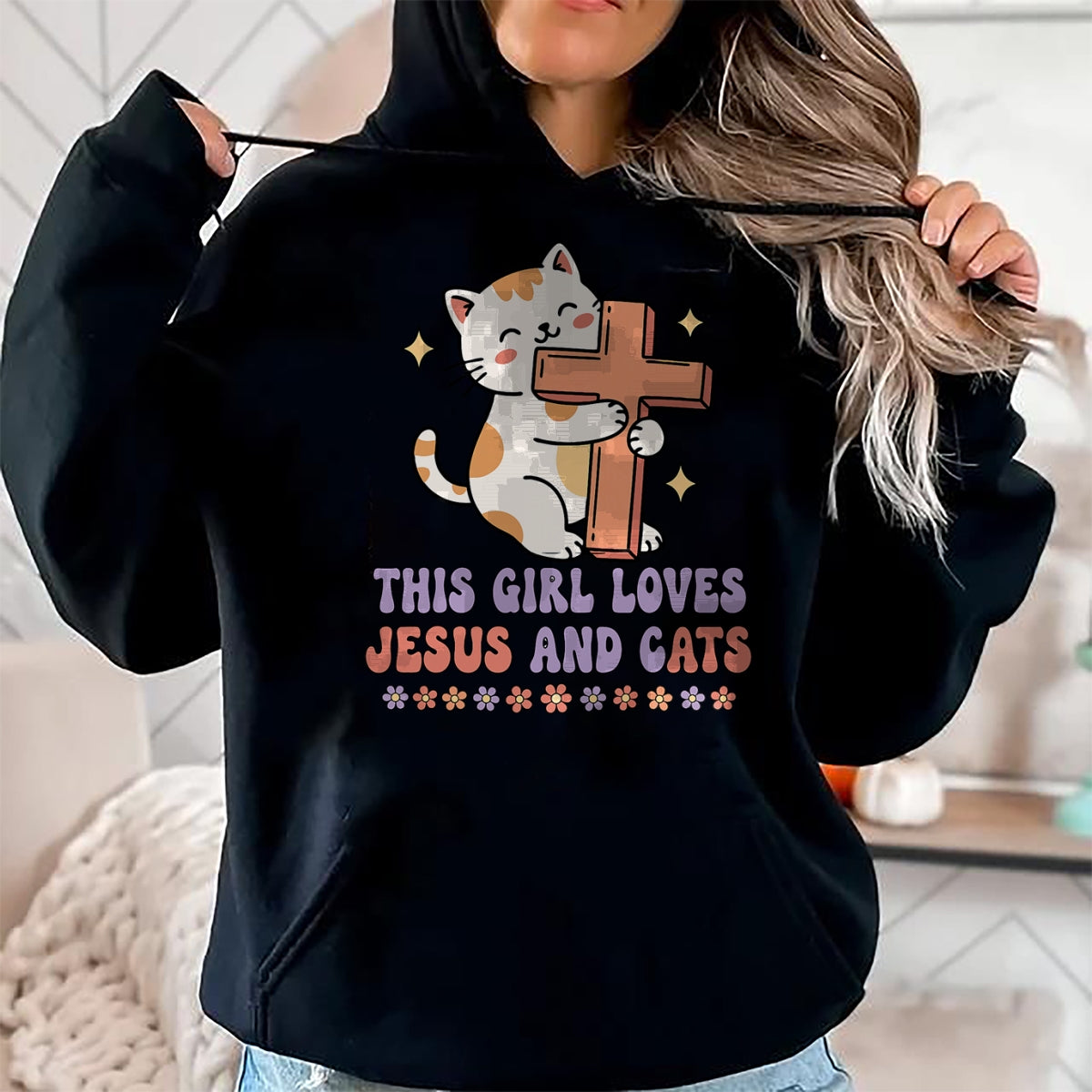 Cat Love Shirt, Funny Cat Lover Gift UnisexT-Shirt/Hoodie/Sweatshirt HLT00 - Christian This Girl Loves Jesus and Cats Cat Hugging Cross T-Shirt (1)