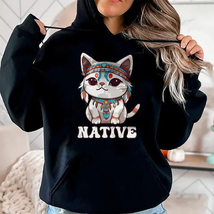 Native American T-Shirts, Vintage Native American Unisex T-Shirt/Hoodie/Sweatshirt HLT00 - Cute American Native Indian Kawaii Cat Woman Girl