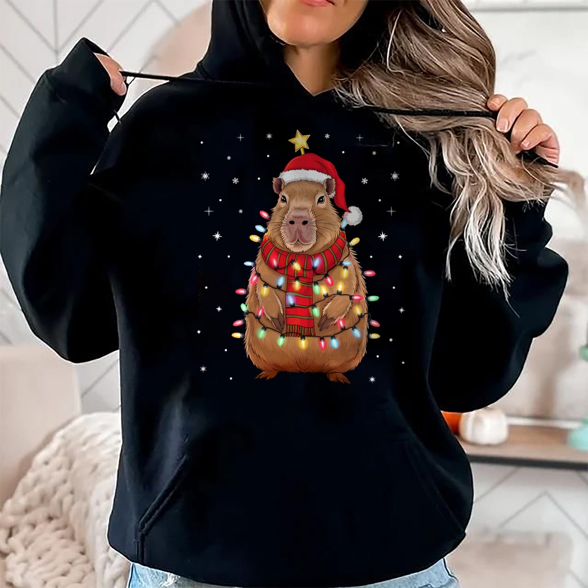 Cute Capybara Shirt, Funny Capybara Unisex T-Shirt/Hoodie/Sweatshirt HLT00 - Christmas Capybara with Santa Hat Xmas Lights Tree T-Shirt