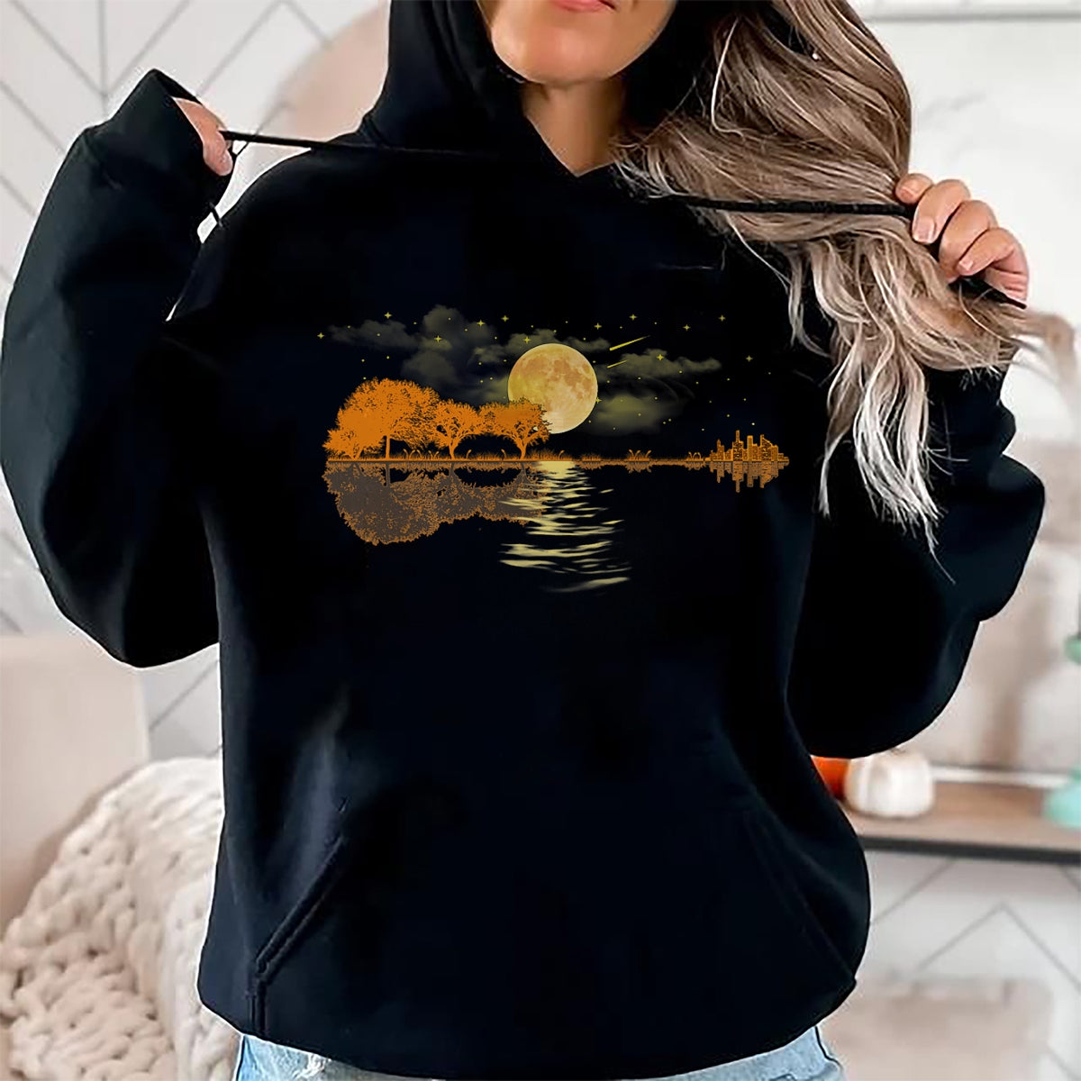 Guitar Lover Shirt, Funny Guitar UnisexT-Shirt/Hoodie/Sweatshirt HLT00 - Guitar Moonlight Nature Lake Shadow, Musician Black Unisex-Adults T-Shirt