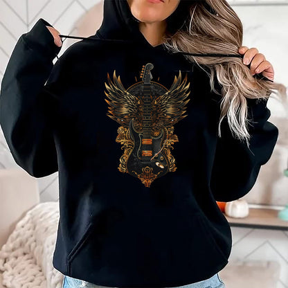 Guitar Lover Shirt, Funny Guitar UnisexT-Shirt/Hoodie/Sweatshirt HLT00 - Electric Guitar Graphic with Fiery Winged Silhouette in Blac T-Shirt