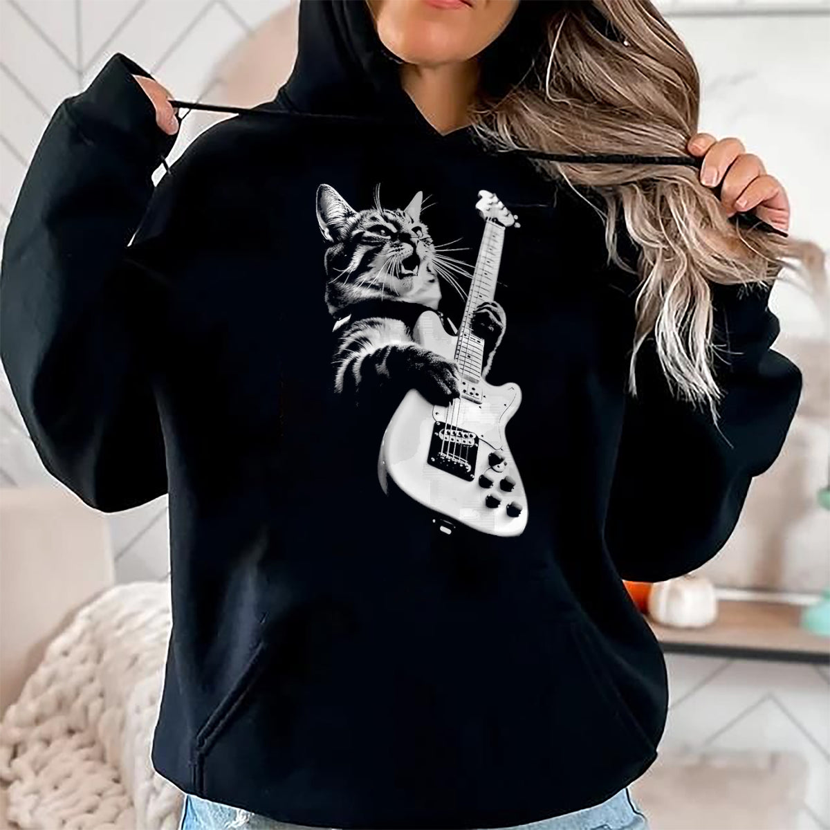Cat Love Shirt, Funny Cat Lover Gift UnisexT-Shirt/Hoodie/Sweatshirt HLT00 - Rock Cat Playing Guitar - Funny Guitar Cat T-Shirt, Men, Heather Blue, Large