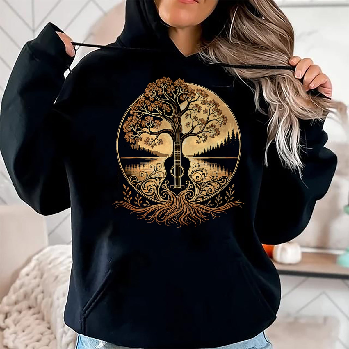 Guitar Lover Shirt, Funny Guitar UnisexT-Shirt/Hoodie/Sweatshirt HLT00 - Acoustic Guitar Tree by the Lake Roots Nature Music T-Shirt