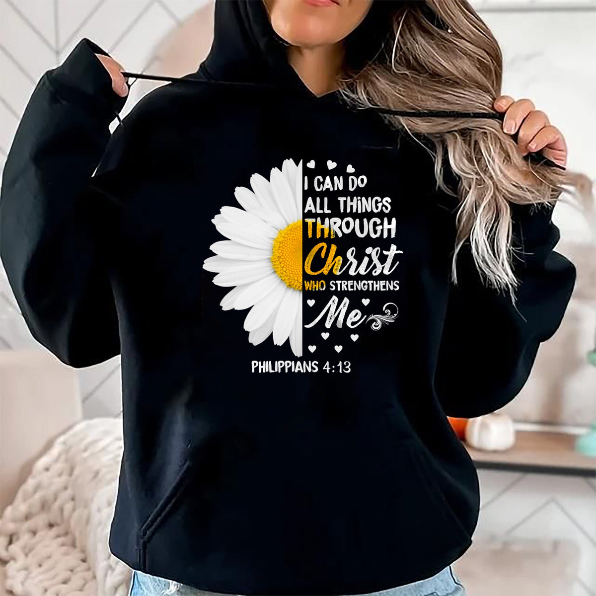 Christian Tee, Christian Faith Unisex T-Shirt/Hoodie/Sweatshirt HLT00 - I Can Do All Things Through Christ - Daisy Flower Religious T-Shirt (1)