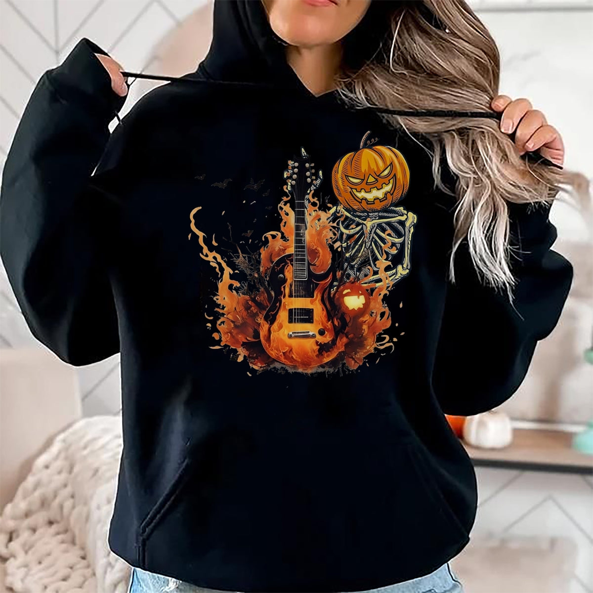 Guitar Lover Shirt, Funny Guitar UnisexT-Shirt/Hoodie/Sweatshirt HLT00 - Funny Halloween Skeleton Rocker with Guitar Rock_n Roll Band T-Shirt, Men, Black, Large