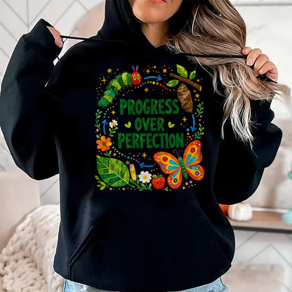 Best Teacher Shirt, Funny Teacher UnisexT-Shirt/Hoodie/Sweatshirt HLT00 - Teachers Back to School Progress Over Perfection Butterfly T-Shirt