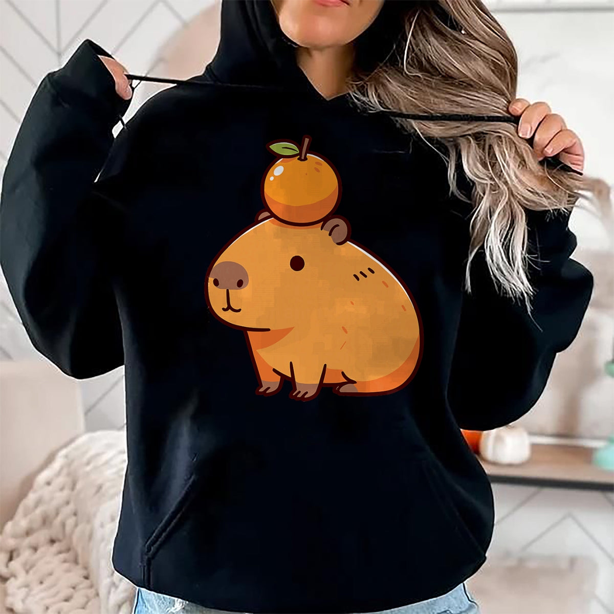 Cute Capybara Shirt, Funny Capybara Unisex T-Shirt/Hoodie/Sweatshirt HLT00 - Capybara with Orange on the Head Capybara T-Shirt