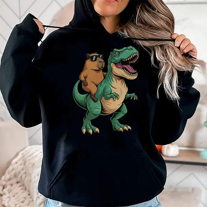 Cute Capybara Shirt, Funny Capybara Unisex T-Shirt/Hoodie/Sweatshirt HLT00 - Capybara Riding T-Rex T-Shirt