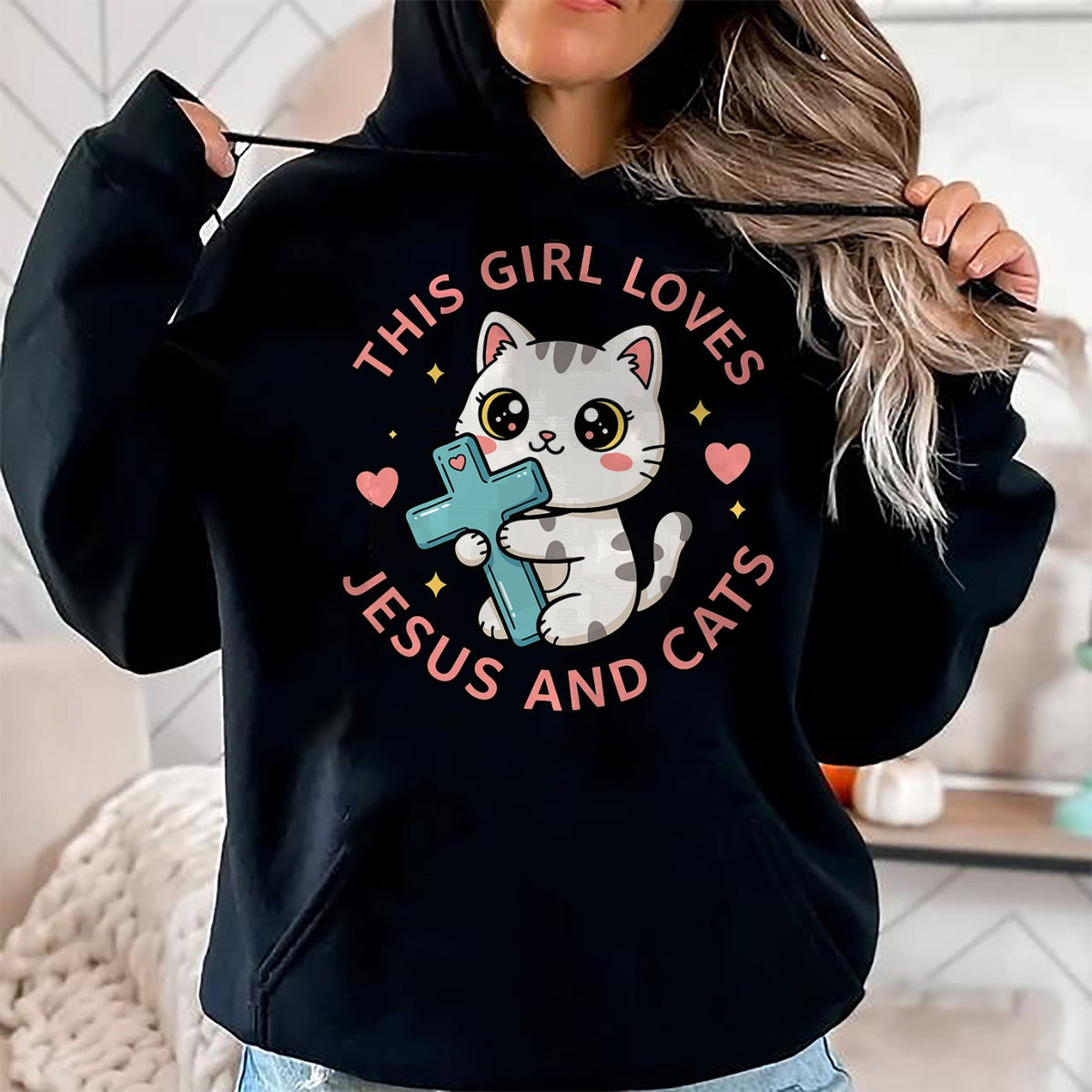Cat Love Shirt, Funny Cat Lover Gift UnisexT-Shirt/Hoodie/Sweatshirt HLT00 - Christian This Girl Loves Jesus and Cats Cat Hugging Cross T-Shirt