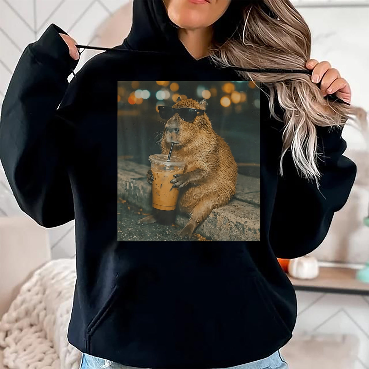 Cute Capybara Shirt, Funny Capybara Unisex T-Shirt/Hoodie/Sweatshirt HLT00 - Funny Capybara Drinking Iced Coffee Cute Animal Meme T-Shirt