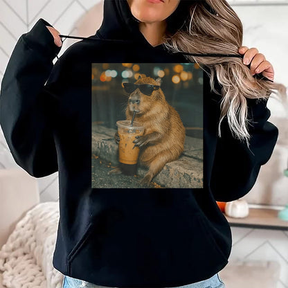 Cute Capybara Shirt, Funny Capybara Unisex T-Shirt/Hoodie/Sweatshirt HLT00 - Funny Capybara Drinking Iced Coffee Cute Animal Meme T-Shirt