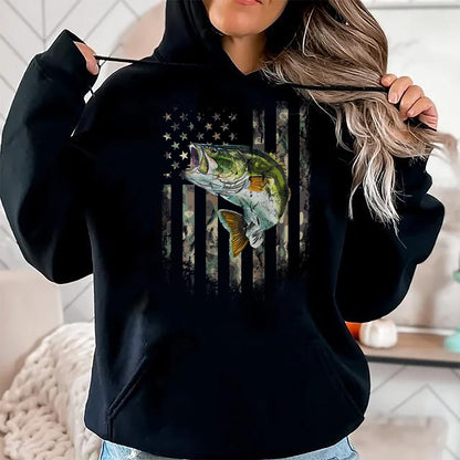 Funny Fishing Shirt, Gift For Fishing Lover Unisex T-Shirt/Hoodie/Sweatshirt HLT00 - (Art on Back) American Flag Camo Bass Fish Fishing T-Shirt