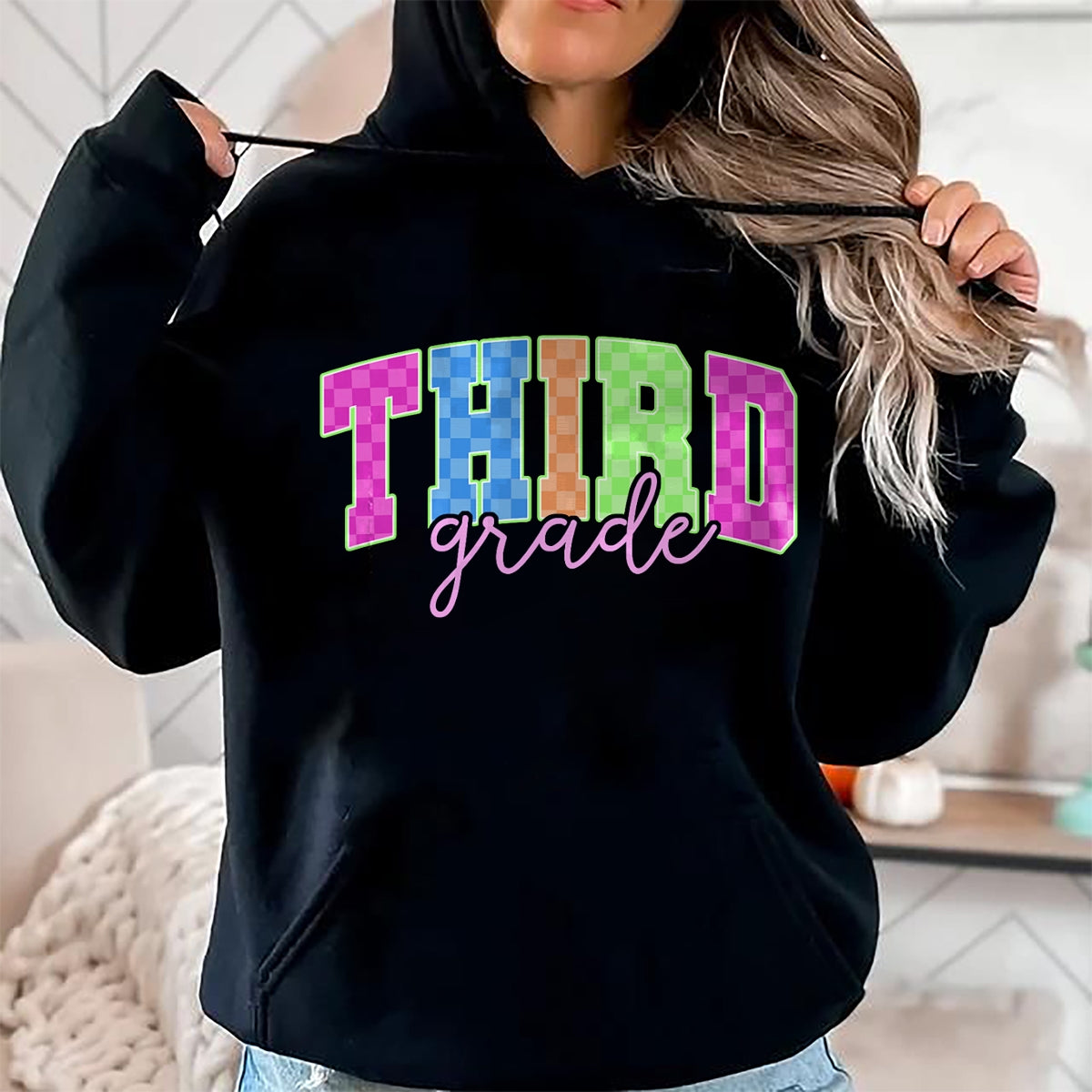 Best Student Shirt, Funny Back To School UnisexT-Shirt/Hoodie/Sweatshirt HLT00 - Back to School Neon Checkered Third Grade, Colorful Teacher T-Shirt