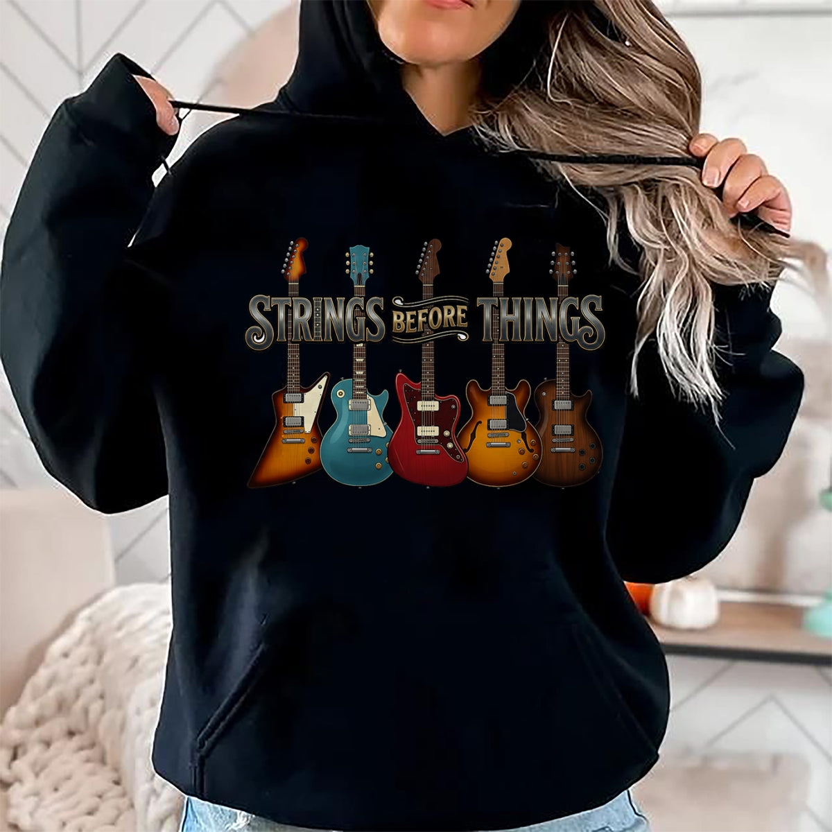 Guitar Lover Shirt, Funny Guitar UnisexT-Shirt/Hoodie/Sweatshirt HLT00 - Strings Before Thing Funny Men Vintage Acoustic Guitar Music T-Shirt