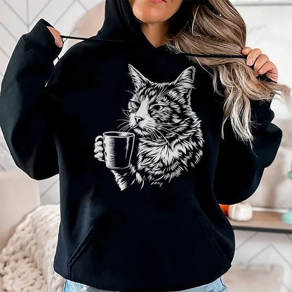 Cat Love Shirt, Funny Cat Lover Gift UnisexT-Shirt/Hoodie/Sweatshirt HLT00 - Cat Drinking Coffee Lover Barista Funny Animal Tired Cat T-Shirt
