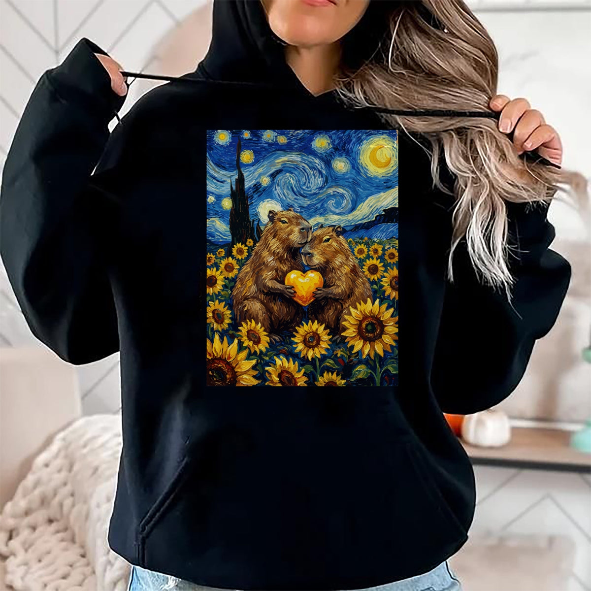 Cute Capybara Shirt, Funny Capybara Unisex T-Shirt/Hoodie/Sweatshirt HLT00 - Capybara Starry Night with Heart and Sunflowers Long Sleeve T-Shirt