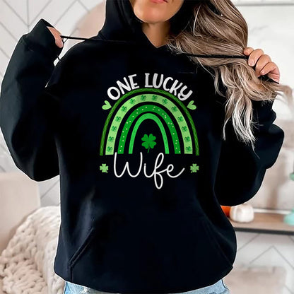 Best Wife Shirt, Wife and Husband Unisex T-Shirt/Hoodie/Sweatshirt HLT00 - Gift for wife T shirt, lucky wife   Womens One Lucky Wife Rainbow Irish St Patricks Day Shamrock V-N
