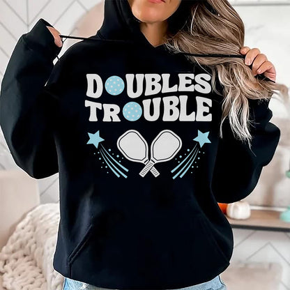 Funny Pickleball Shirt, Pickleball Lover Unisex T-Shirt/Hoodie/Sweatshirt HLT00 - Blue Doubles Trouble Pickleball Tournament Partner Matching T-Shirt