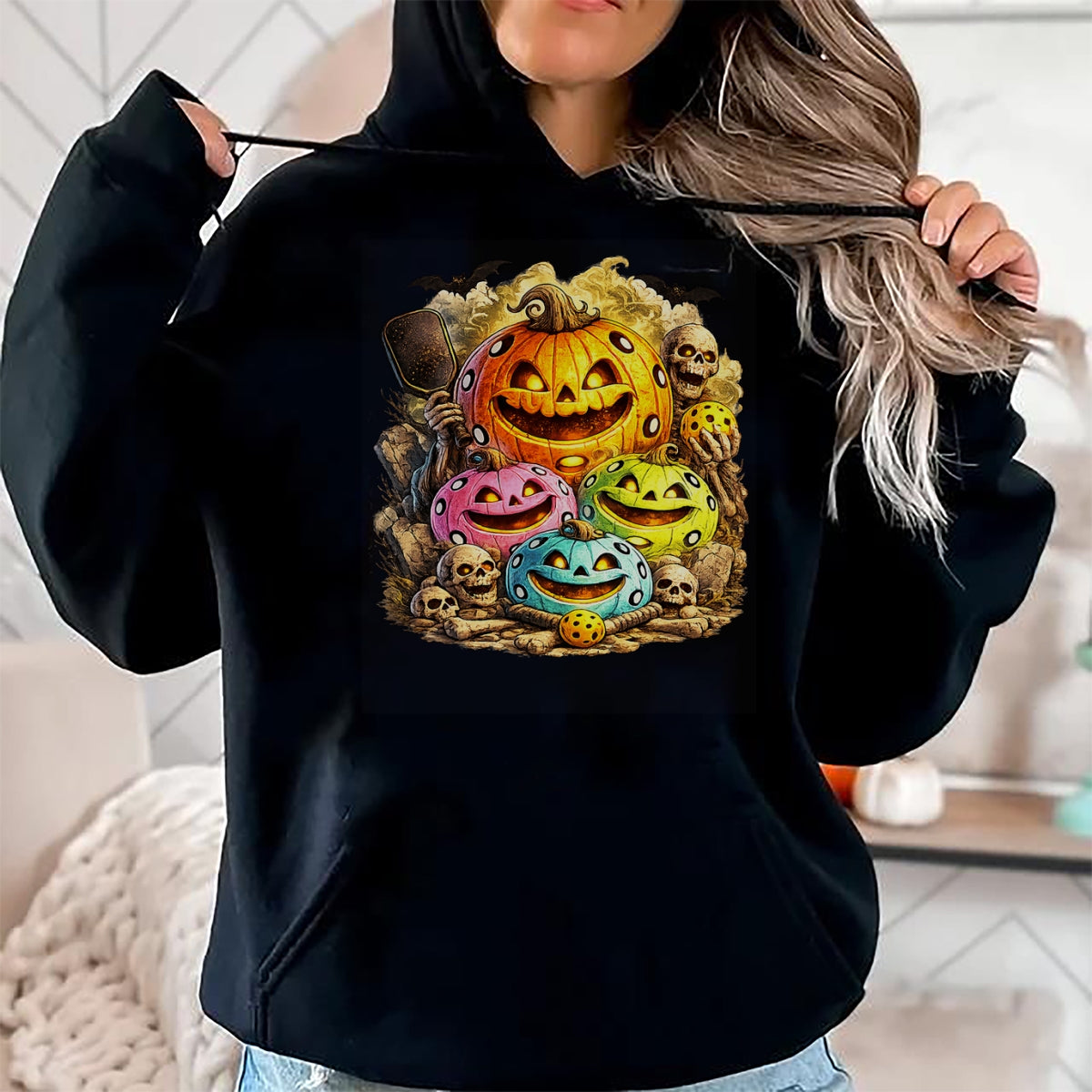 Funny Pickleball Shirt, Pickleball Lover Unisex T-Shirt/Hoodie/Sweatshirt HLT00 - Halloween Pickleball Pumpkins and Skeletons T-Shirt