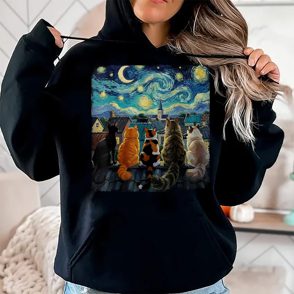 Cat Love Shirt, Funny Cat Lover Gift UnisexT-Shirt/Hoodie/Sweatshirt HLT00 - Funny Cat Starry Night Van Gogh Cats Rooftop Scene Feline T-Shirt, Women, Black, 3X-Large