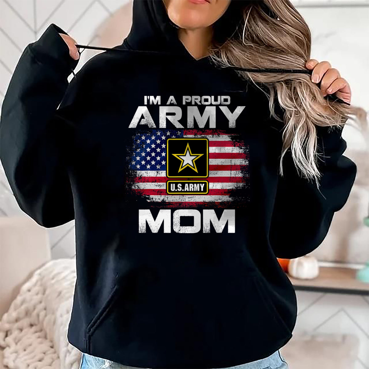 Gift for Mom Shirt, Funny Mom Unisex T-Shirt/Hoodie/Sweatshirt HLT00 - I'm A Proud Army Mom With American Flag For Veteran Gift T-Shirt