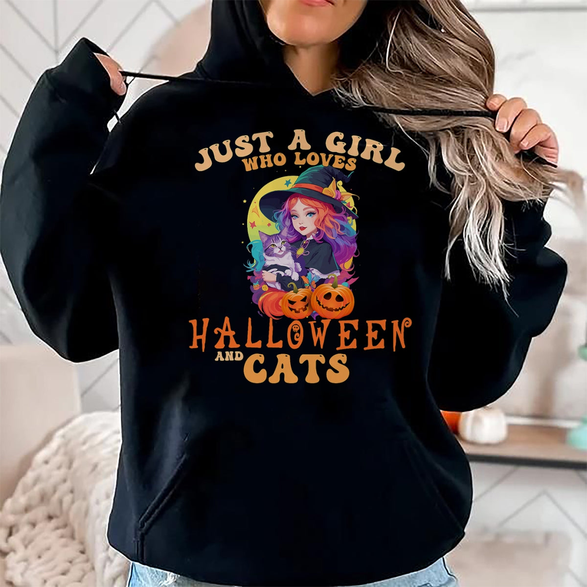 Shirt, Funny Cat Lover Gift UnisexT-Shirt/Hoodie/Sweatshirt HLT00 - Just A Girl Who Loves Halloween and Cats Spooky Fall Pumpkin T-Shirt (1)