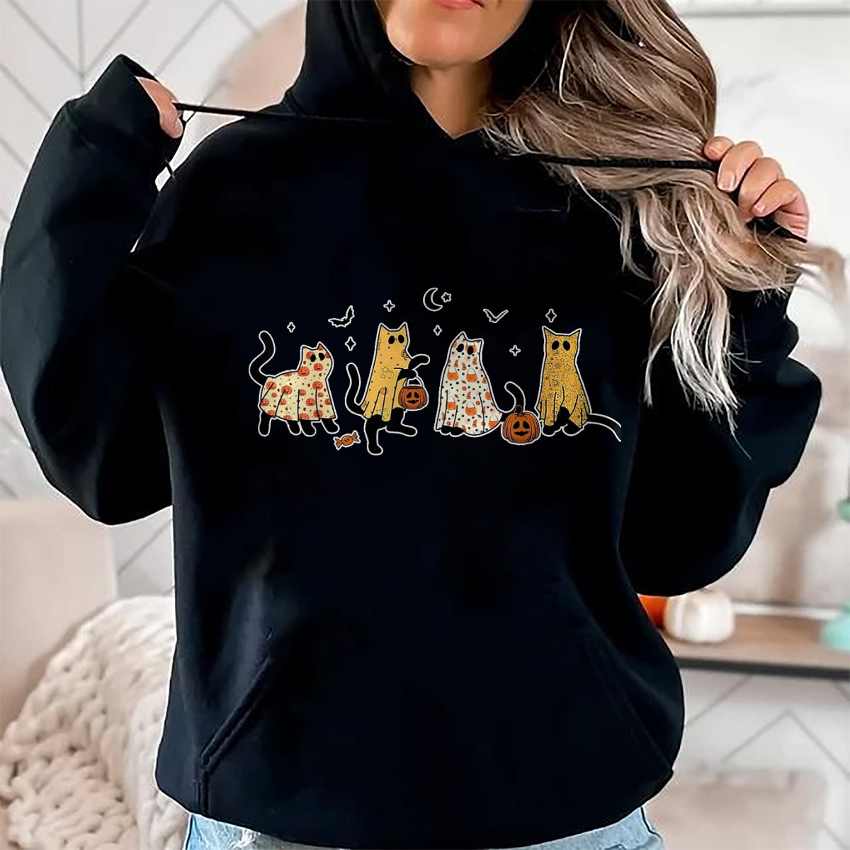 Cat Love Shirt, Funny Cat Lover Gift UnisexT-Shirt/Hoodie/Sweatshirt HLT00 - Cute Black Cats in Ghost Costume Women and Men Halloween T-Shirt, Women, Black, Medium