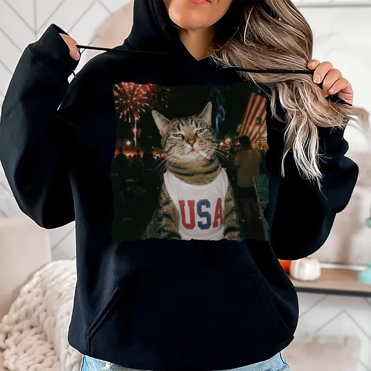 Cat Love Shirt, Funny Cat Lover Gift UnisexT-Shirt/Hoodie/Sweatshirt HLT00 - July 4th Patriotic Cat Smoking Cigarette 250 Years Cat Lover T-Shirt