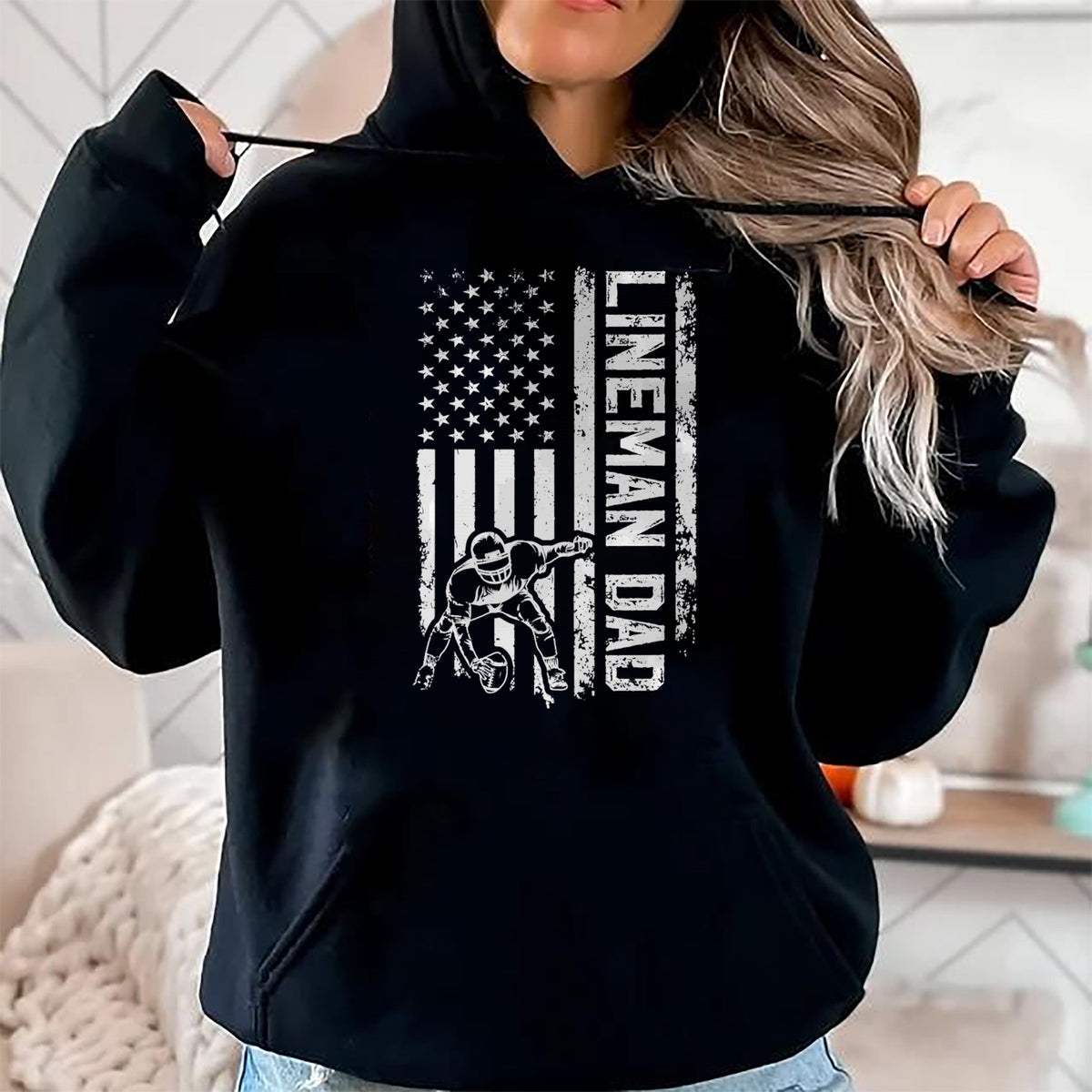 Gift for Dad Shirt, Funny Dad Unisex T-Shirt/Hoodie/Sweatshirt HLT00 – Football Line Dad Of A Football Lineman Father US Flag T-Shirt