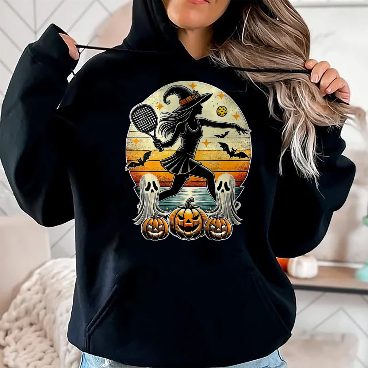 Funny Pickleball Shirt, Pickleball Lover Unisex T-Shirt/Hoodie/Sweatshirt HLT00 - Womens Pickleball Halloween Witch Playing - Jackolantern Ghost V-Neck T-Shirt
