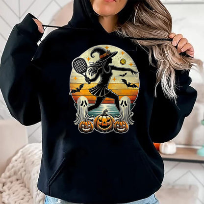 Funny Pickleball Shirt, Pickleball Lover Unisex T-Shirt/Hoodie/Sweatshirt HLT00 - Womens Pickleball Halloween Witch Playing - Jackolantern Ghost V-Neck T-Shirt