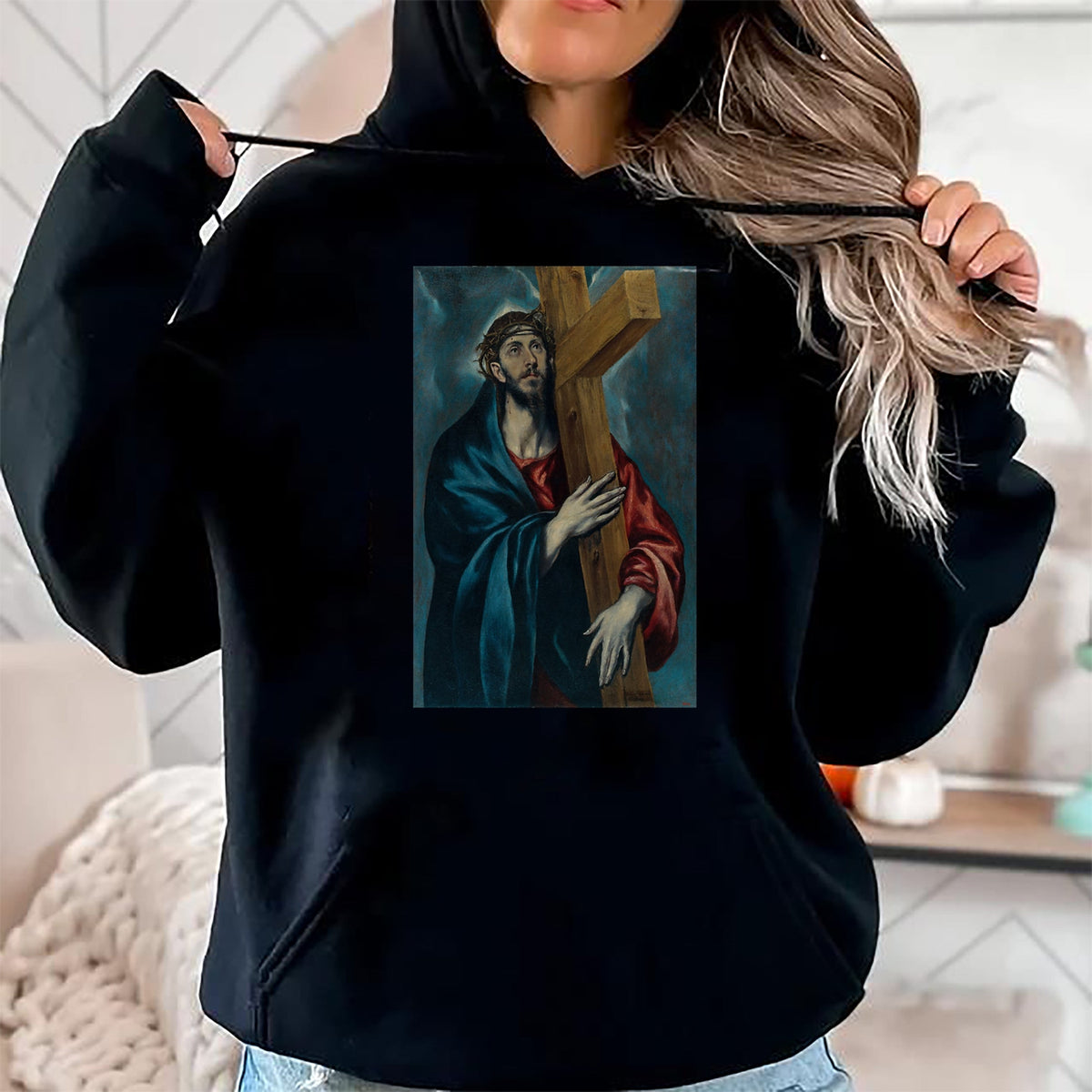 Christian Tee, Christian Faith Unisex T-Shirt/Hoodie/Sweatshirt HLT00 - Christ Carrying the Cross Jesus Painting Saviour Christian T-Shirt