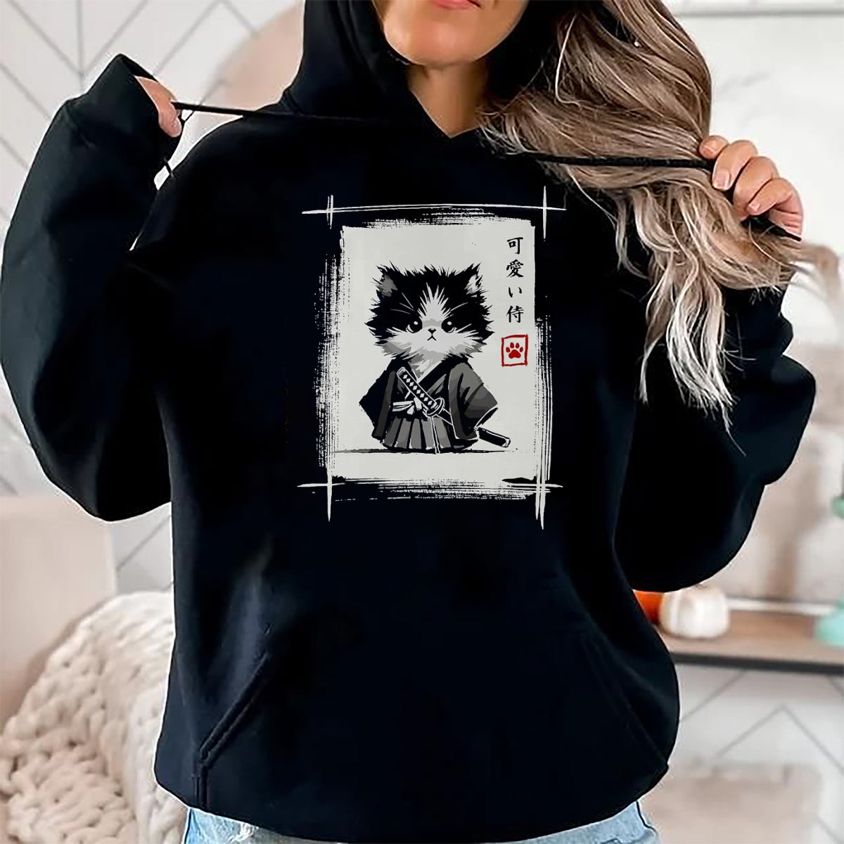 Cat Love Shirt, Funny Cat Lover Gift UnisexT-Shirt/Hoodie/Sweatshirt HLT00 - Samurai Cat Japanese Art Sumi-e Novelty Kawaii Funny Cat T-Shirt, Men, Black, Large