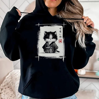 Cat Love Shirt, Funny Cat Lover Gift UnisexT-Shirt/Hoodie/Sweatshirt HLT00 - Samurai Cat Japanese Art Sumi-e Novelty Kawaii Funny Cat T-Shirt, Men, Black, Large