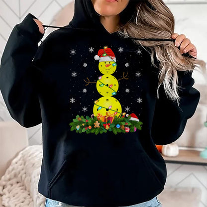 Funny Pickleball Shirt, Pickleball Lover Unisex T-Shirt/Hoodie/Sweatshirt HLT00 - Womens Pickleball Snowman Xmas Lighting Santa Pickleball Christmas V-Neck T-Shirt